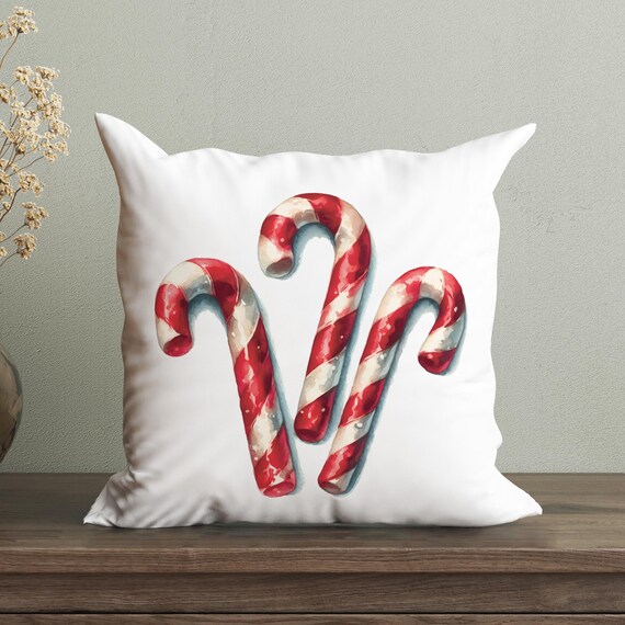 Rustic Christmas Throw Pillow Cover With Watercolor Candy Canes