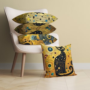 Almohada decorativa con diseño de gato negro inspirado en Klimt, almohada decorativa dorada y amarilla, bonita funda de cojín, funda de almohada artística, regalo para amantes de los gatos