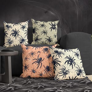 Halloween Spider Web Throw Pillow and Cushion Cover, 3 Styles, Scary Accent Pillow with Spooky Black Tarantulas, Halloween Spider Decor Gift