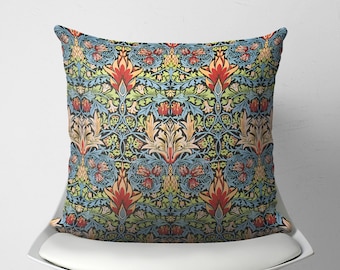 Op William Morris geïnspireerd vierkant kussen, kunstnijverheidskussenhoes, sierkussen met bloemen, vintage botanisch accent, Victoriaans decor