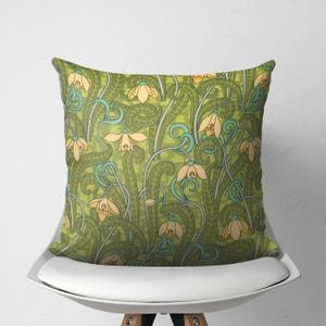 Coussin décoratif floral Art nouveau, coussin Style William Morris, housse de coussin décoratif vert orange pâle, décor ancien britannique