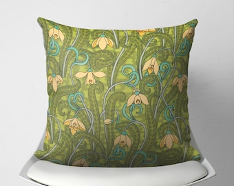 Art Nouveau Floral Throw Pillow, William Morris Style Cushion, Green Pale Orange Decorative Sofa Accent Pillow Cover, Old British Decor