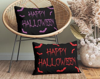 Happy Halloween Kissen mit Fledermäusen, 20x14 Halloween Dekoratives Lendenkissen 25x18 Rot Lila Weiß Orange, inklusive Einsatz