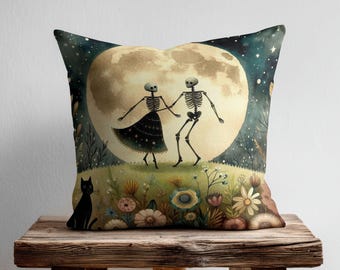 Whimsical Halloween Throw Pillow Cover with Dancing Skeletons, Spooky Season Home Decor Gift, Romantic Harvest Moonlight Decorative Cushion