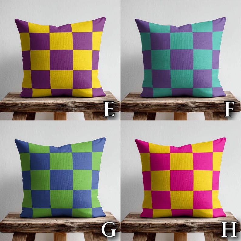 The image is a collage of four different pillow designs, each with a unique color and pattern. The pillows are arranged on a wooden bench, with each pillow facing the same direction. The pillows are labeled with the letters 'E', 'F', 'G', and 'H', indicating the different designs.