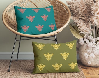 Vintage Bee Lumbar Pillow, 9 Colorways, Decorative Throw Pillow with Bees, Eclectic Decor, Scatter Cushion with Bees, Insert Included