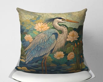 Sierkussenhoes blauwe reiger, oosterse kussensloop, vintage chinoiserie op de natuur geïnspireerd kussen, William Morris decoratief kussen voor bank