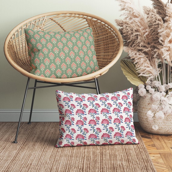 Indian Floral Lumbar Pillow With Insert, Chic Pink Red Faux Block