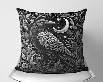 Gothic Raven Pillow Cover for Dark Fantasy Decor, Dark Crow Cushion for Dark Academia Decor, Whimsical Throw Pillow for Witchy Room Decor