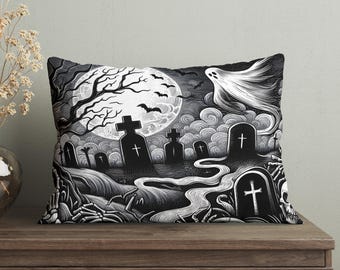 Coussin lombaire cimetière hanté, décoration d'Halloween effrayante, coussin 20 x 14 25 x 18 avec tombes, décoration de chambre effrayante, insert inclus