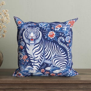 Floral Chinoiserie Tiger Cushion Cover, Oriental Decorative Pillow Case, China Style Pillow for Sofa, Asian Throw Pillow, Chinese Kitsch