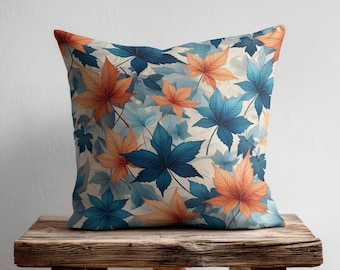 Fall Pillow, Throw Pillow Cover, Blue Autumn Leaves Decor, Couch Pillow Cover, Pillowcase, Nature Pillow Slipcover, Neutral Blue Home Decor