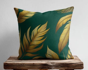 Funda de almohada Art Déco con hojas tropicales, cojín decorativo verde oscuro y amarillo dorado, decoración maximalista para dormitorio, funda de almohada decorativa botánica