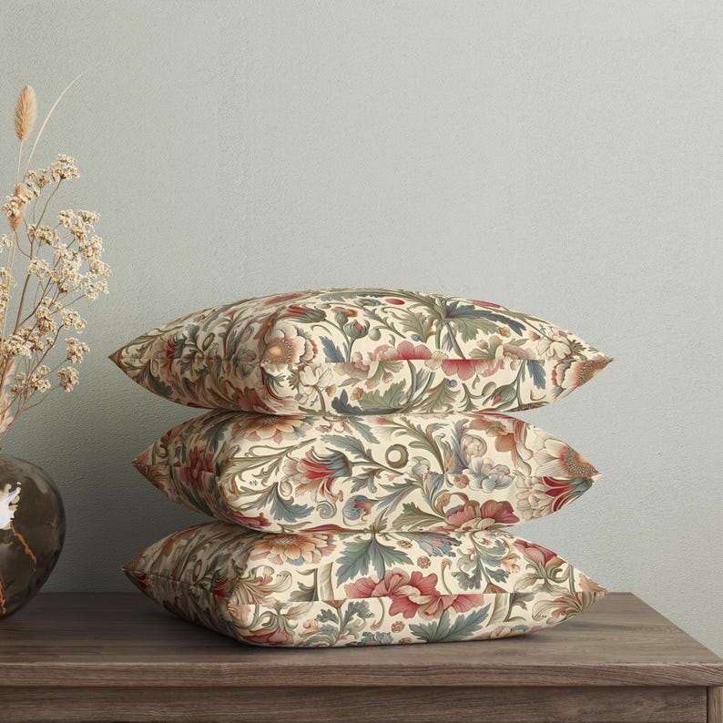 May include: A stack of three square throw pillows featuring a cream-colored background with a dense, intricate floral pattern in shades of muted red, sage green, and soft blue. The pillows are uniform in size and display a repeating botanical design.