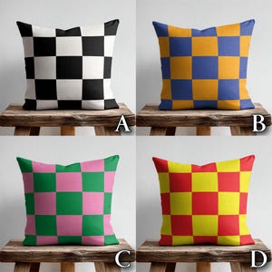 four different pillow designs, each with a unique color and pattern. The pillows are displayed on wooden stools, and the image is a collage of four separate pictures.