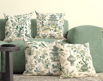 Capa de almofada decorativa Chinoiserie Toile, decoração asiática eclética, almofada chinesa exclusiva, almofada decorativa oriental com estampa Toile verde-sálvia