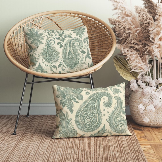 Sage Green Paisley Lumbar Throw Pillow, Insert Included, Vintage