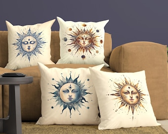 Celestial Sunburst Pillow Cover, Bohemian Throw Pillow, Mystical Sun Cushion, Spiritual Accent Pillow for Boho Decor, Decorative Pillow Case