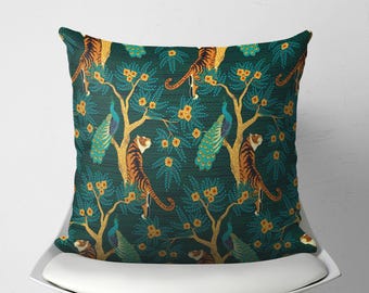 Funda de almohada decorativa con diseño de tigre y pavo real, funda de almohada de jungla exótica, cojín oriental, decoración tropical para dormitorio en verde azulado, naranja y verde para sofá.