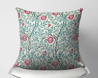 Vintage William Morris Art Nouveau Pillow Cover, Sage Green and Red Floral Cushion, English Cottage Throw Pillow Case, 14 16 18 20 24 26