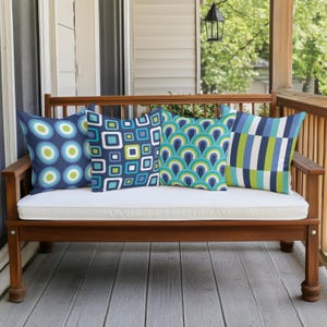 Cojín para exteriores MCM azul, verde y blanco, cojín decorativo impermeable con diseño geométrico vibrante para decoración de patio moderna de mediados de siglo, 12 estilos retro