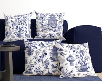 Blue White Chinoiserie Toile Throw Pillow Cover, Eclectic Asian Decor, Unique Chinese Cushion, Oriental Decorative Pillow with Toile Print