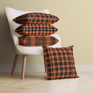 Rustic Orange Plaid Print Throw Pillow, Modern Tartan Decorative Cushion, Cozy Country Fall Pillow Cover, Warm Autumn Mountain Hut Decor