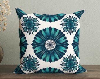 Funda de almohada decorativa geométrica con diseño floral en azul verdoso y azul oscuro, decoración de dormitorio en azul verdoso, funda de almohada de diseño para cama, cojín de todos los tamaños.