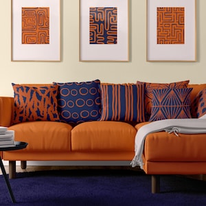 Bränd orange & marinblå abstrakt örngott, retro modern dekorativ kudde för soffan, 12 stilar att mixa och matcha, bröllopsdekor