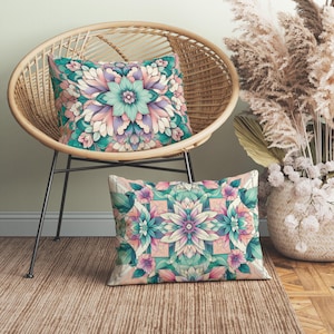 Pink and Aqua Geometric Floral Lumbar Pillow, Insert Included, Boho Chic Throw Pillow, Vintage Decorative Pillow, Bohemian Bedroom Decor