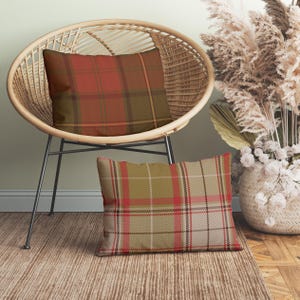 Tartan Lumbar Pillow with Plaid Print for Fall Farmhouse Decor, Insert Included, Rustic British Cottage Cushion, Autumn Decorative Pillow