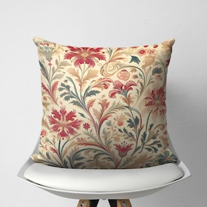 Floral Throw Pillow Cover, Botanical Decorative Pillow, Red Blue Green Flower Cushion, Cottagecore Home Decor, William Morris Accent Pillow