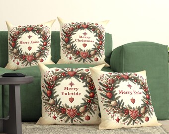 Shabby Chic Christmas Pillow Cover with Text, Nordic Yule Throw Pillow, Distressed Chic Yuletide Pillow Case, Seasonal Home Decor, 4 Styles