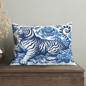 Blue Chinoiserie Tiger Lumbar Pillow, Chinese Decorative Cushion with Insert, Elegant Blue and White Throw Pillow, Oriental Bedroom Decor