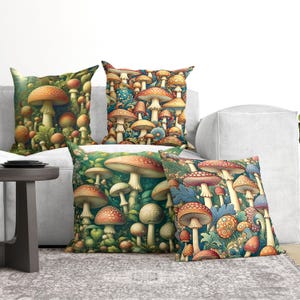 May include: Four square throw cushions featuring dense, colourful illustrations of various mushrooms and foliage. The designs include red, orange, and cream-coloured fungi set against deep green and blue backgrounds with intricate, swirling patterns.