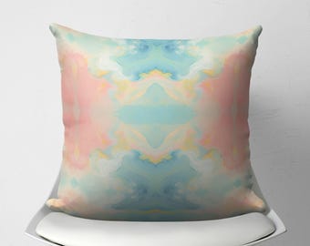 Mirrored Art Pillow Cover, Pastel Blue Pink Watercolor Decorative Cushion, College Girl Bedroom Decor, Modern Abstract Art Throw Pillow Case