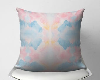 Mirrored Art Cushion Cover, Pastel Blue Pink Watercolor Decorative Pillow, Teen Girl Dorm Decor, Modern Abstract Art Throw Pillow Case