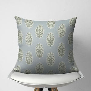 Blue Green Block Print Inspired Pillow Cover, Chic Modern Farmhouse Decorative Cushion, Elegant Floral Designer Throw Pillow, Sofa Couch