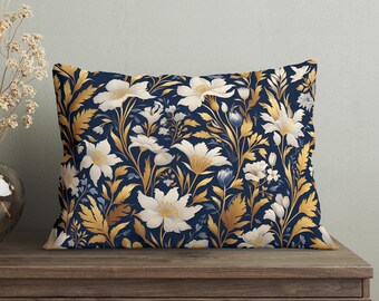 Victorian Floral Lumbar Throw Pillow with Dark Blue and Gold Flowers, Insert Included, Vintage Elegant Decorative Cushion for Living Room