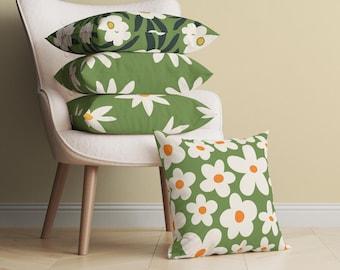 Moss Green Daisy Pillow Cover, Modern Floral Throw Pillow, Spring Decorative Cushion, Green Flower Pillow Case, Nature Kids Bedroom Decor