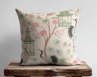 Chinoiserie Chic Pillow Cover, Crane Bird Decorative Pillow, Asian Style Throw Pillow, Oriental Cushion, Vintage Eclectic Decor, Sofa Couch