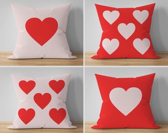 Double-Sided Geometric Throw Pillows and Cushion Covers with Red and Pink Hearts - Minimal Decorative Pillow for Valentine's Day- Set of 4