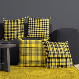 Black & Yellow Tartan Plaid Print Pillow Cover, Modern Farmhouse Designer Throw Pillow, Decorative Cushion Case, Vibrant Rustic Sofa Accent