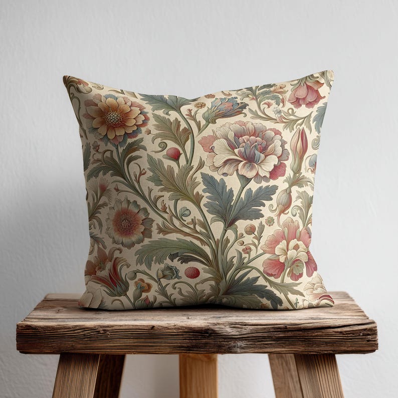 May include: A square throw pillow featuring a cream-colored background with a dense, intricate botanical pattern. The design displays large, multi-petaled flowers in shades of muted pink, peach, and orange, intertwined with detailed green foliage.