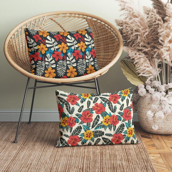 Retro Hawaiian Lumbar Pillow With Insert, Tropical Floral Lumbar