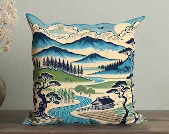 Oriental Art Landscape Pillow Cover, Relaxing Decorative Cushion, Peaceful Accent Pillow Case, Traditional Japanese Style Home Decor