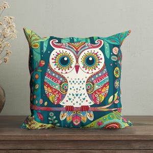 Funda de almohada de búho colorida y caprichosa, almohada bohemia, funda de cojín bohemia vibrante, funda de almohada decorativa de búho linda, decoración de búho kitsch