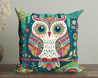Federa per cuscino con gufo colorato e stravagante, cuscino decorativo boho, federa per cuscino boho vivace, graziosa federa decorativa con gufo, decorazione kitsch con gufo