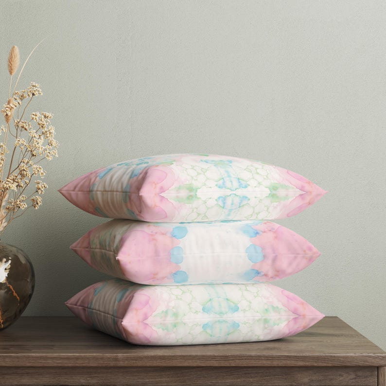 Pink Green Blue Mirrored Art Throw Pillow, Pastel Watercolor Decorative Pillow, College Girl Dorm Decor, Modern Abstract Art Cushion Cover image 5