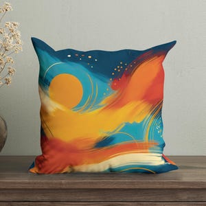 Vibrant Abstract Cushion Cover, Yellow Orange Blue Throw Pillow, Decorative Pillow for Kids Bedroom, Colorful Pillow Case for Modern Decor
